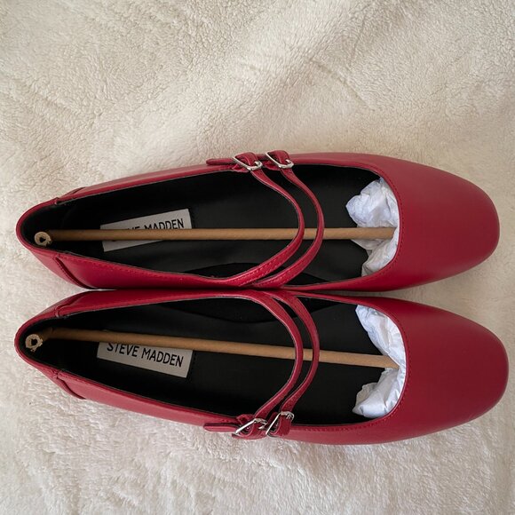 Red Leather Two-Strap Ballet Flats Steve Madden Mary Jane Size 8.5 - Picture 3 of 8